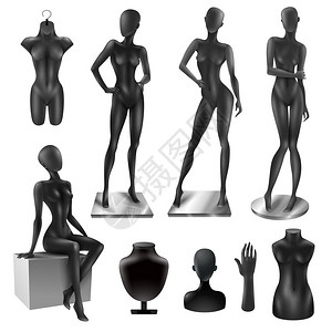 图解的小雕像模特女逼真的黑色形象集零售窗口黑色写实时尚女全身活动关节部分人体模型收集矢量插图插画