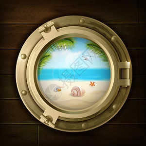 船舶舷窗插图的夏季背景夏季背景与棕榈壳海星海滩船舷窗上的木材纹理矢量插图插画
