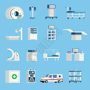 高科技救护车医院设备正交平图标医院设备正交平图标套高科技设备,用于手术检查病人矢量插图插画