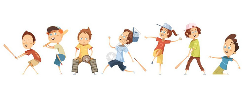 儿童角色打棒球趣的卡通儿童角色同的姿势玩棒球平孤立矢量插图背景图片