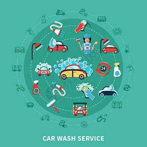 油污清洗剂洗车圆形构图圆形构图与卡通装饰图标的洗车肥皂片清洗剂设备矢量插图插画