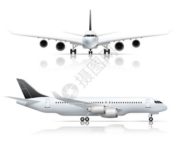 客机正真实视图大型客机客机正侧飞机视图真实白色背景反射孤立矢量插图插画