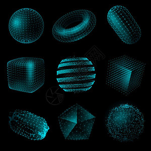 立方体形状几何形状三维技术风格图标集蓝色现实几何形状三维技术风格黑色背景矢量插图插画
