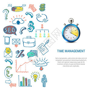 时间管理时间管理与彩色手绘商业图标3D秒表白色背景孤立矢量插图图片