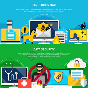 危险邮件数据安全平横幅黑客水平横幅与危险邮件数据安全元素平矢量插图图片