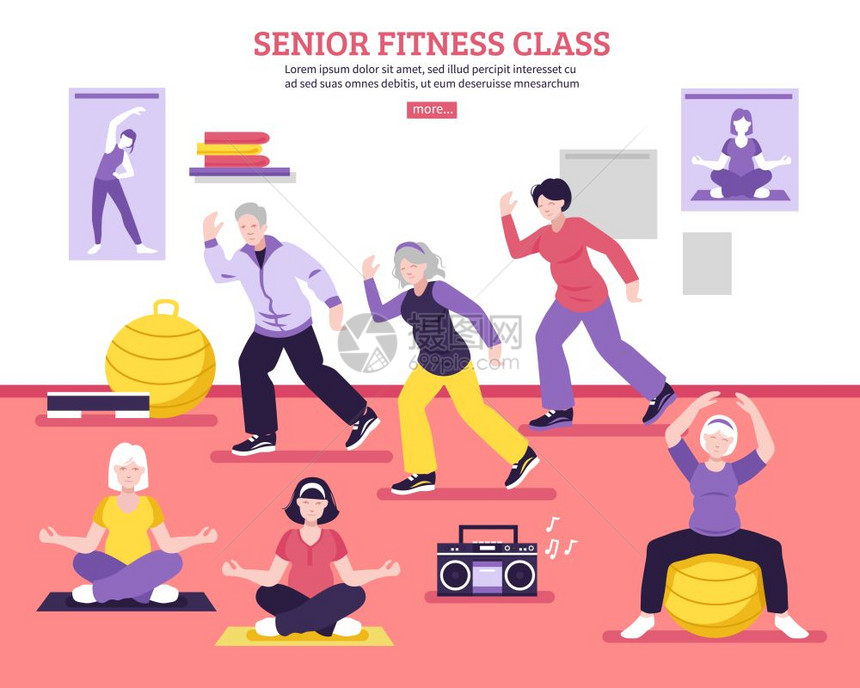高级健身平海报老人体健身平网页海报与瑜伽体式氧平衡练矢量插图图片
