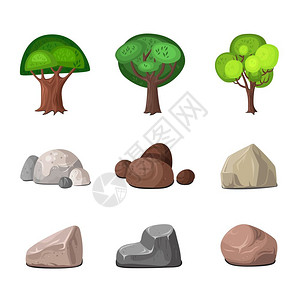 装饰元素集落叶树石头装饰公园花园元素白色背景平矢量插图上图片
