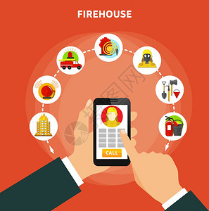 平消防消防与消防站的工作设备图标平矢量插图图片
