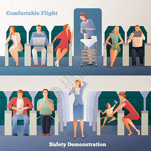 坐椅子上人们飞机水平横幅人们飞机水平横幅与坐着的乘客空姐饮料安全演示矢量插图插画