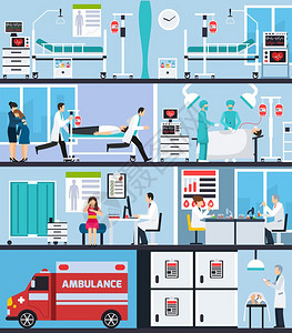 医院内部平合物医院内部平成与救护车护士与病人担架医生手术室矢量插图背景图片