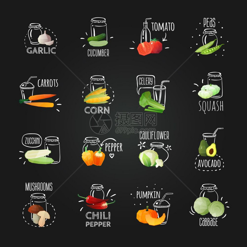 黑板蔬菜会套蔬菜黑板套图像成与手绘风格文字描述水果图像矢量插图图片