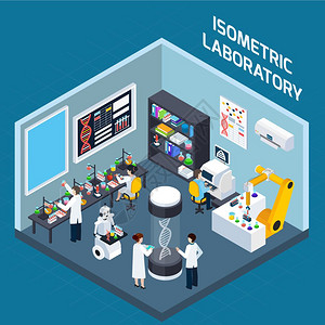 实验室内部等距生化实验室内部等距与遗传学研究工具高科技设备平矢量插图图片