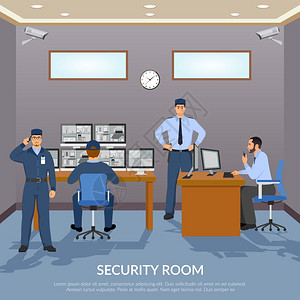 安全模板保安室插图警卫室屏幕时钟桌子平矢量插图插画