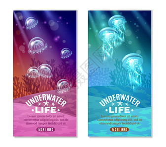 荧光水母水下彩色横幅水下世界五颜六色的垂直透明紫色绿松石蓝色海洋生物孤立矢量插图插画