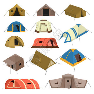 尼龙绳子五颜六色的旅游帐篷套五颜六色的旅游帐篷,各种,冠层窗户绳子隔离矢量插图插画