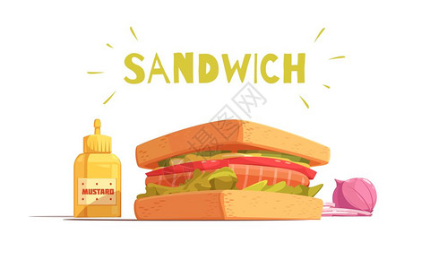 三明治卡通三明治卡通与烤鲑鱼,番茄,沙拉,洋葱芥末白色背景矢量插图图片