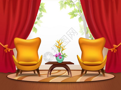客厅卡通内部插图客厅卡通内部与扶手椅桌子花瓶卡通矢量插图图片