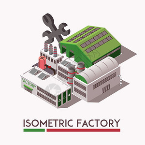 工厂绿色工厂等距装置灰色绿色工厂工业等距建筑光背景三维矢量插图插画