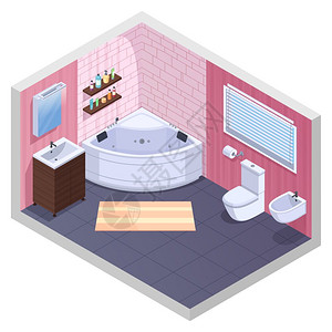 角浴等距内部浴室等距内部与角浴缸架子与凝胶洗发水瓶盆马桶矢量插图图片