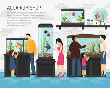 水族馆商店插图人们大型小型水族馆观看鱼宠物商店平矢量插图图片