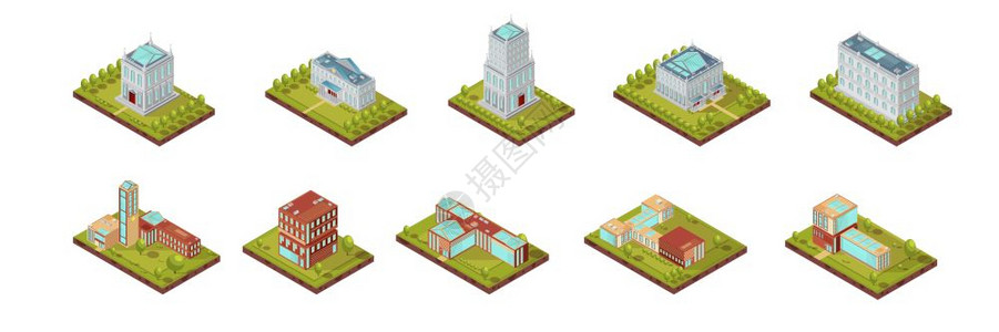 大学建筑等距集等距的套大学建筑,窗户屋顶周围地区与树木隔离矢量插图图片