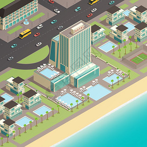 沿海地区豪华酒店多层建筑城市景观等距碎片与多层建筑的豪华酒店沿海地区矢量图插画