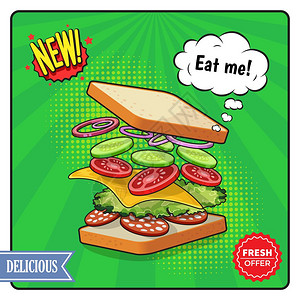 萨拉姆漫画风格的三明治广告海报广告海报的漫画风格,包括三明治与奶酪沙拉蔬菜纹理绿色背景矢量插图插画