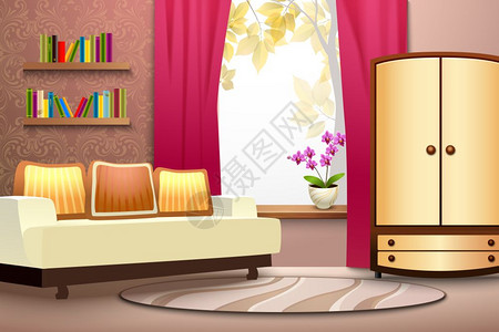 家具活动宣传单房间卡通内部插图房间卡通内部与沙发衣柜窗帘书籍矢量插图插画