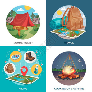 夏季旅游理念露营广场合与绘制的旅行帐篷背包夜间篝火图像位置矢量插图图片