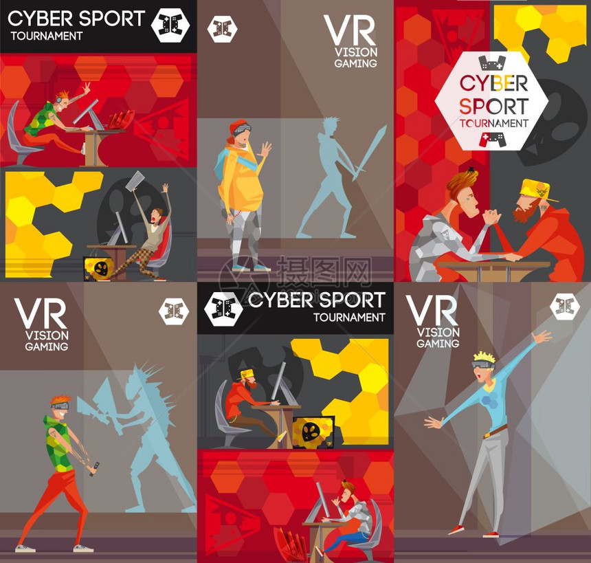 网络体育VR彩色平构图海报体育VR竞技电子游戏6平彩色横幅与专业网络体育球员海报孤立矢量插图图片