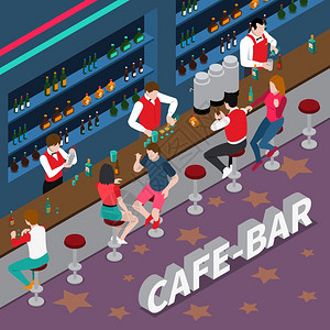 咖啡馆酒吧等距构图咖啡馆酒吧等距成与调酒师倒饮料酒吧架游客矢量插图图片