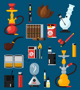真正的烟草制品吸烟平彩色图标吸烟平彩色图标与香烟,雪茄匹配打火机,邦胡卡烟管,平矢量插图插画