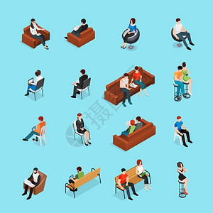 单独沙发坐着的人角色设定坐着的人等距的套人类人物座椅家具图像与躺椅长凳矢量插图插画