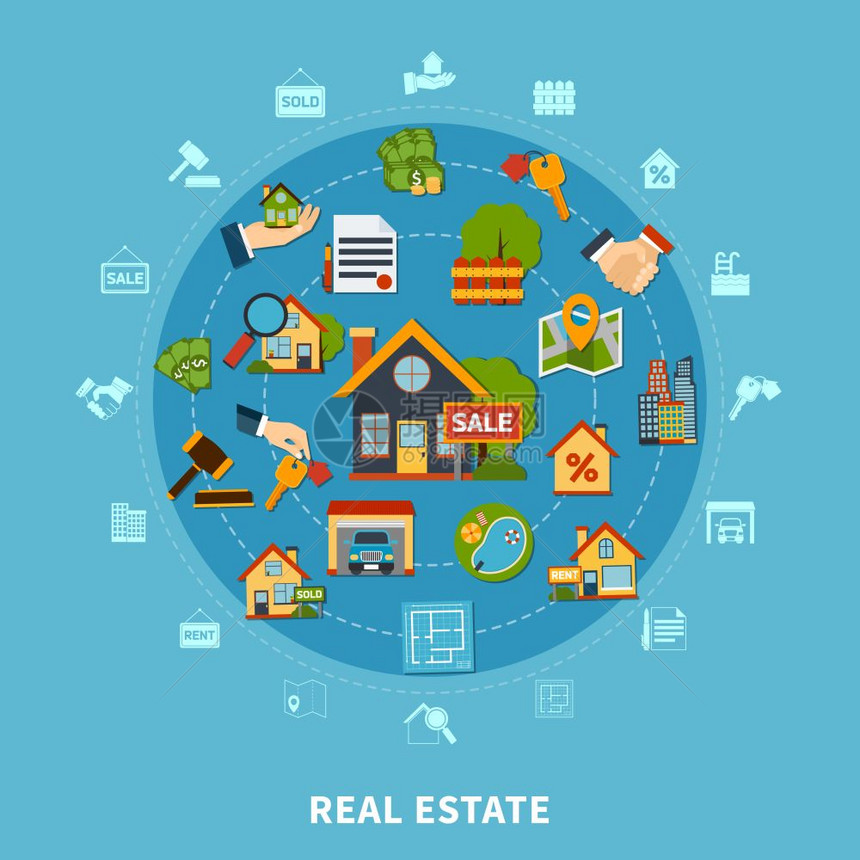 房地产房地产平理念与众多彩色公寓搜索租赁图标蓝色背景矢量插图图片