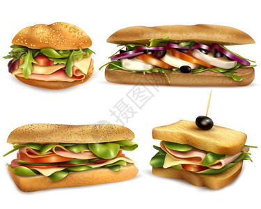 科雷尼察健康的新鲜配料三明治写实套装新鲜健康的全谷物三明治与奶酪火腿,马苏里拉,西红柿,洋葱橄榄,现实的矢量插图插画