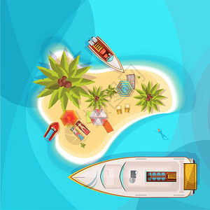 岛屿海滩顶部视图插图岛屿海滩顶部景观与蓝海,人们躺椅下的阳伞,船,棕榈树矢量插图背景图片