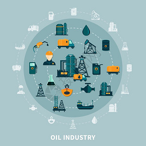 石油图标圆形成石油工业成与平图标轮廓的石油生产,运输储存设施矢量插图图片