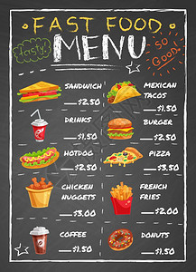 明治神宫黑板上的快餐店菜单快餐店菜单上三明治,块头土豆薯条,比萨饼,甜甜圈,饮料,黑色黑板矢量插图插画