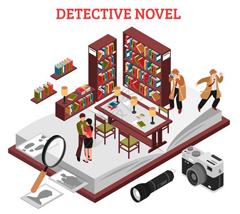 侦探小说理念图书馆阅览室侦探小说侦探情节等距矢量插图元素背景图片