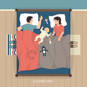 哺乳婴儿睡觉的家庭顶部视图的轻家庭睡家里的双人床与护理婴儿平矢量插图图片