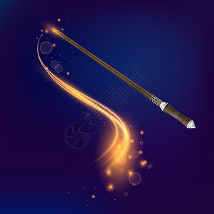 魔杖写实构图魔术棒现实构图深蓝色背景与黄金羽流污渍矢量插图图片