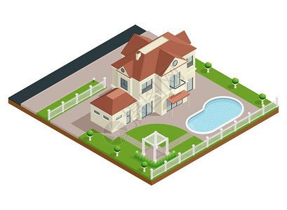 郊区房屋等距成郊区住宅等距成与游泳池草坪矢量插图背景图片