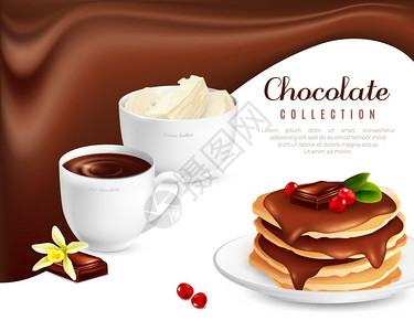 热可可巧克力收藏海报巧克力收集海报与热巧克力煎饼卡通矢量插图插画