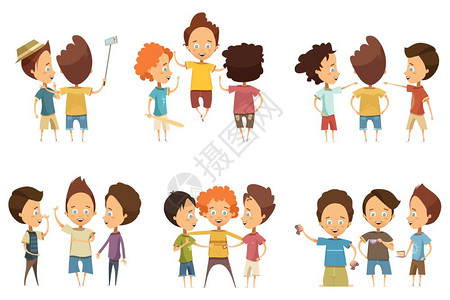 跳单杆男孩卡通风格集群男孩穿着五颜六色的衣服,交流时用卡通风格的孤立矢量插图配饰插画