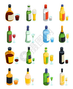 彩色等距酒精图标彩色等距酒精图标与隔离瓶同类型的璃杯矢量插图图片