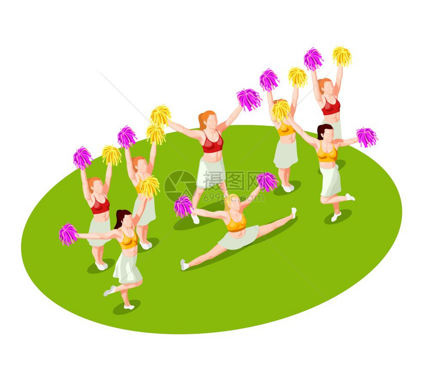 啦啦队等距插图啦啦队舞蹈与彩色波球表演绿色地板3D等距矢量插图图片