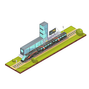 郊区火车终点站的成列车成等距铁路旅客列车轻轨图像与火车站航站楼矢量图背景图片