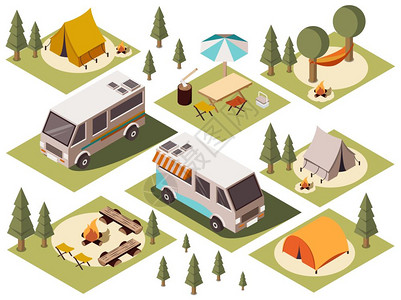 帐篷区营地元素等距集等距的套营地元素与货车帐篷,篝火,椅子,桌子,吊床伞矢量插图插画
