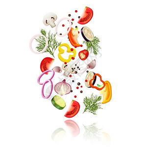 蔬菜水果商的切片蔬菜的切片蔬菜的现实与番茄胡椒洋葱矢量插图插画