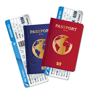 帕尔马略卡岛护照机票航空旅行写实构图两本护照附登机牌,真实国际航空旅行社广告海报图像矢量插图插画